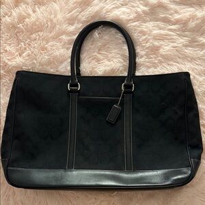 Coach Black Signature Tote with Leather Trim and Top Handles